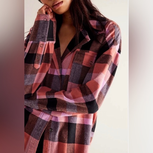 Free People Izzy Plaid Flannel Cargo Shirt In Red Brick Combo - Picture 2 of 7